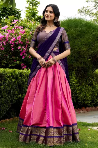 Awesome Pink Zari Weaving Silk Marriage Wear Half Saree Lehenga