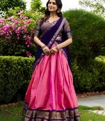 Awesome Pink Zari Weaving Silk Marriage Wear Half Saree Lehenga