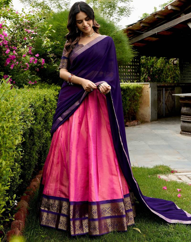 Awesome Pink Zari Weaving Silk Marriage Wear Half Saree Lehenga