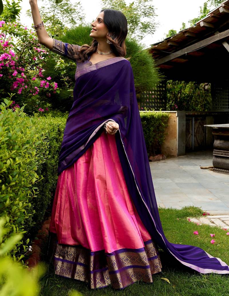 Awesome Pink Zari Weaving Silk Marriage Wear Half Saree Lehenga