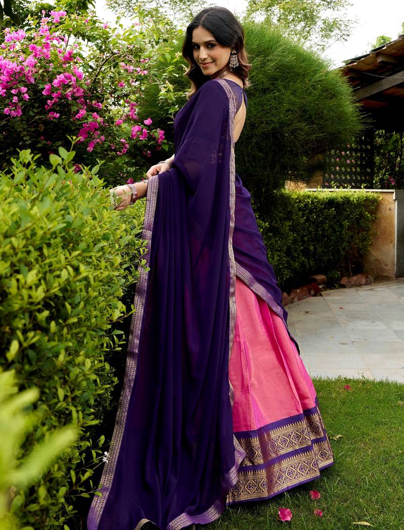 Awesome Pink Zari Weaving Silk Marriage Wear Half Saree Lehenga