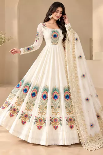 Off white designer party wear gown pant & dupatta set