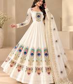 Off white designer party wear gown pant & dupatta set