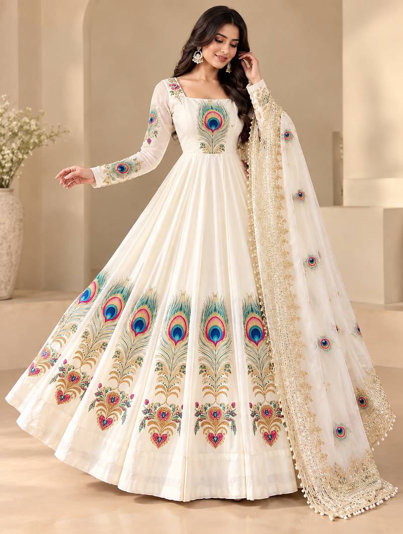 Off white designer party wear gown pant & dupatta set