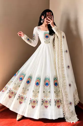 Off white designer party wear gown pant & dupatta set