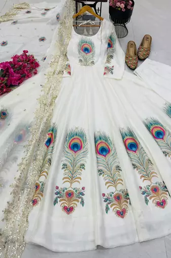 Off white designer party wear gown pant & dupatta set
