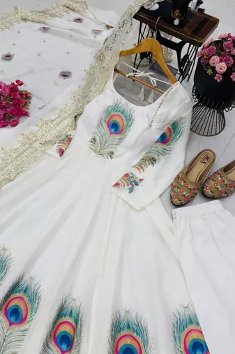 Off white designer party wear gown pant & dupatta set