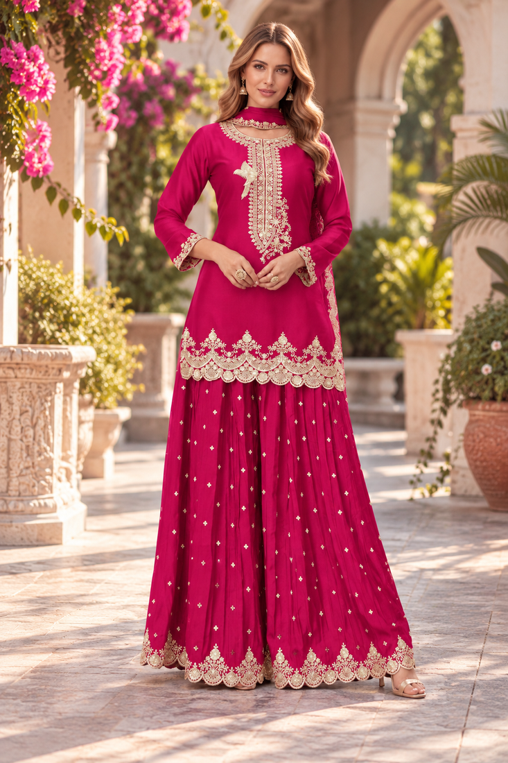 Rani pink premium chinon top palazzo dupatta set