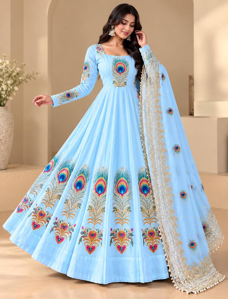 Blue  designer party wear gown pant & dupatta set