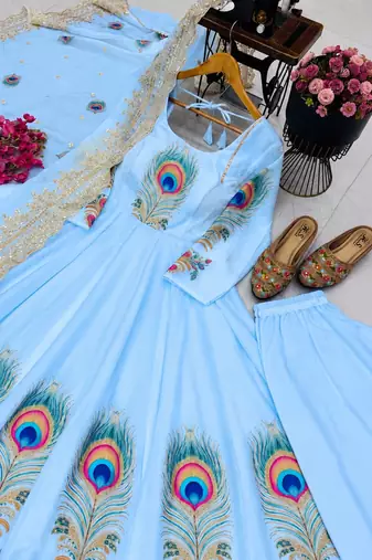 Blue  designer party wear gown pant & dupatta set