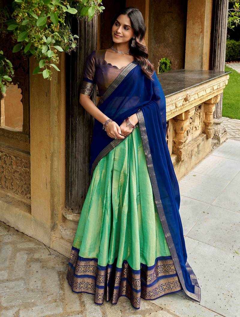 Fabulous Pista Green Zari Weaving Silk Mehendi Wear Half Saree Lehenga