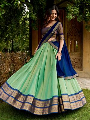 Fabulous Pista Green Zari Weaving Silk Mehendi Wear Half Saree Lehenga 2