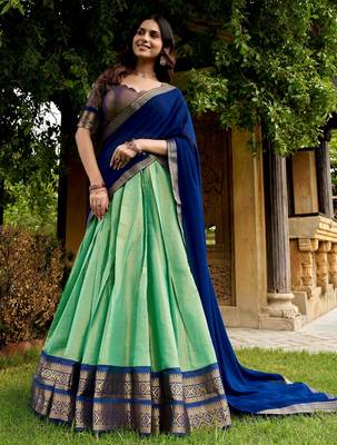 Fabulous Pista Green Zari Weaving Silk Mehendi Wear Half Saree Lehenga 3