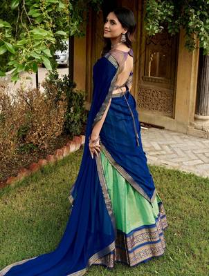 Fabulous Pista Green Zari Weaving Silk Mehendi Wear Half Saree Lehenga 4