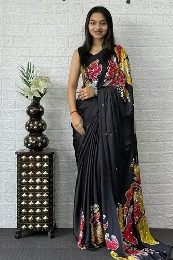 Black color azarakh printed with all over mirror work on premium satin saree