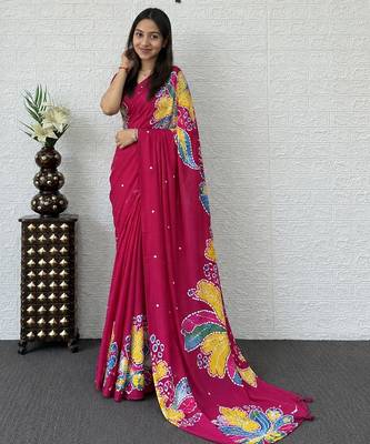 Pink color azarakh printed with all over mirror work on premium satin saree 1
