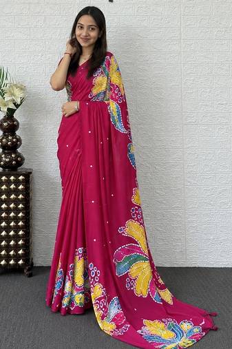 Pink color azarakh printed with all over mirror work on premium satin saree