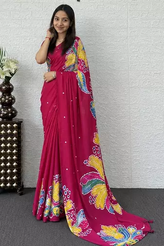 Pink color azarakh printed with all over mirror work on premium satin saree