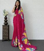 Pink color azarakh printed with all over mirror work on premium satin saree