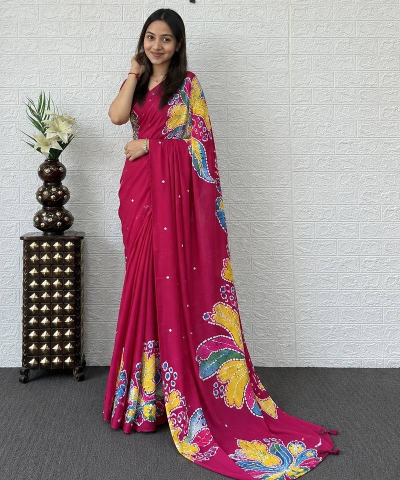 Pink color azarakh printed with all over mirror work on premium satin saree