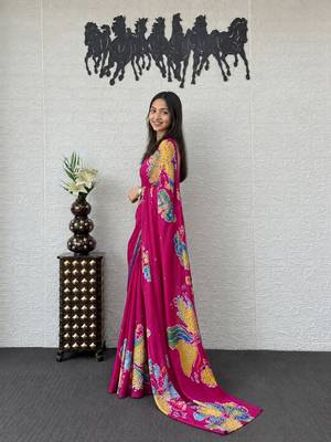 Pink color azarakh printed with all over mirror work on premium satin saree 2