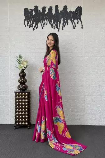Pink color azarakh printed with all over mirror work on premium satin saree