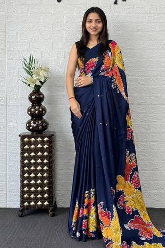 Blue color azarakh printed with all over mirror work on premium satin saree