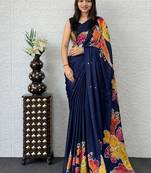 Blue color azarakh printed with all over mirror work on premium satin saree