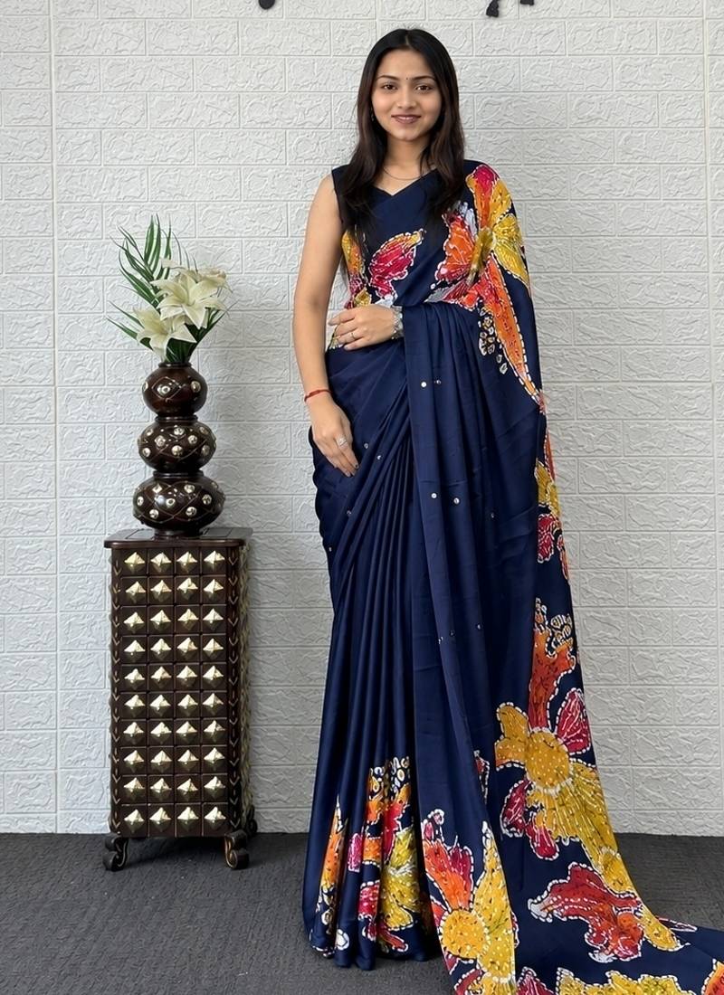 Blue color azarakh printed with all over mirror work on premium satin saree