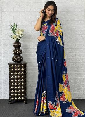 Blue color azarakh printed with all over mirror work on premium satin saree 2