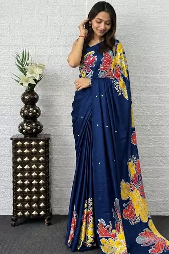 Blue color azarakh printed with all over mirror work on premium satin saree