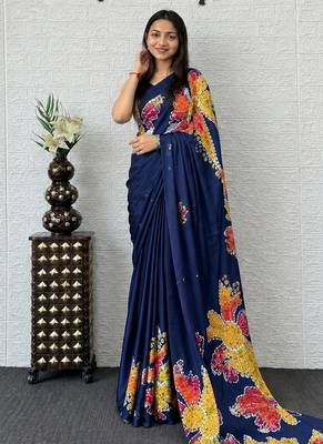 Blue color azarakh printed with all over mirror work on premium satin saree 3