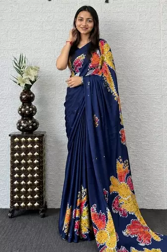 Blue color azarakh printed with all over mirror work on premium satin saree