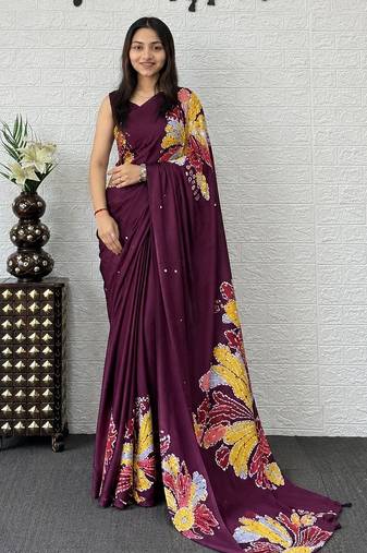 Wine color azarakh printed with all over mirror work on premium satin saree