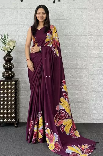 Wine color azarakh printed with all over mirror work on premium satin saree