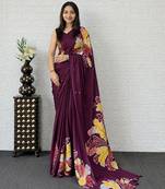 Wine color azarakh printed with all over mirror work on premium satin saree