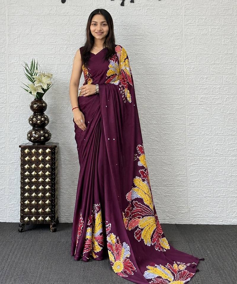 Wine color azarakh printed with all over mirror work on premium satin saree