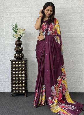 Wine color azarakh printed with all over mirror work on premium satin saree 2