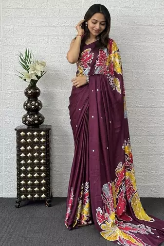 Wine color azarakh printed with all over mirror work on premium satin saree