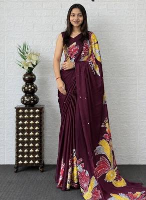 Wine color azarakh printed with all over mirror work on premium satin saree 3