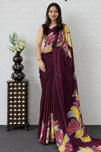 Wine color azarakh printed with all over mirror work on premium satin saree