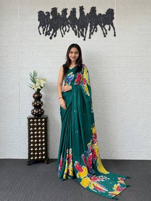 Green color azarakh printed with all over mirror work on premium satin saree 1
