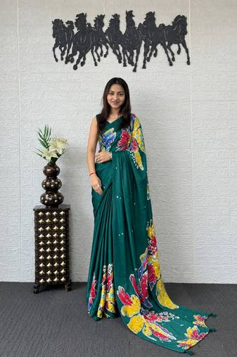 Green color azarakh printed with all over mirror work on premium satin saree