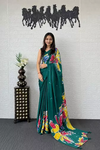 Green color azarakh printed with all over mirror work on premium satin saree