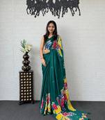 Green color azarakh printed with all over mirror work on premium satin saree