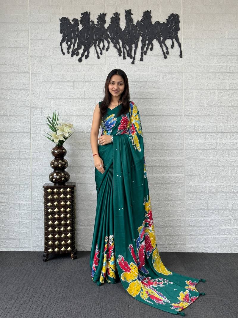 Green color azarakh printed with all over mirror work on premium satin saree