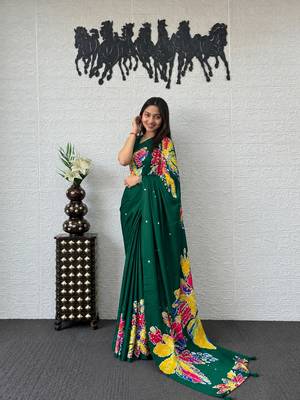 Green color azarakh printed with all over mirror work on premium satin saree 2