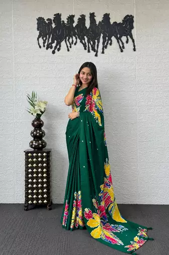 Green color azarakh printed with all over mirror work on premium satin saree