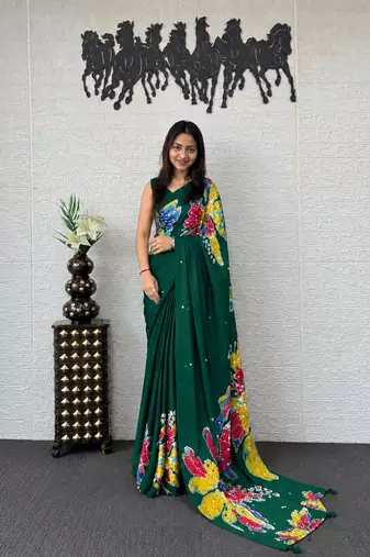 Green color azarakh printed with all over mirror work on premium satin saree