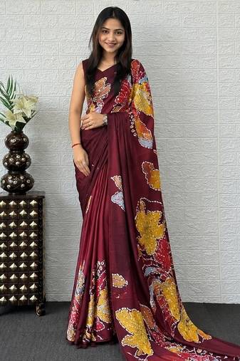 Maroon color azarakh printed with all over mirror work on premium satin saree